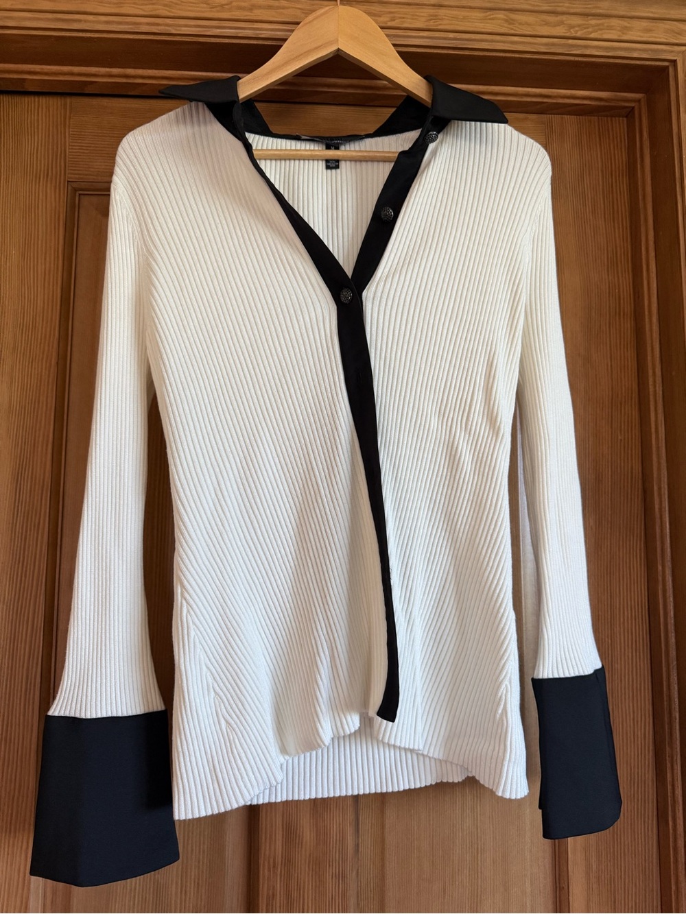White House Black Market Cream Ribbed Button-Front Top with Black Trim